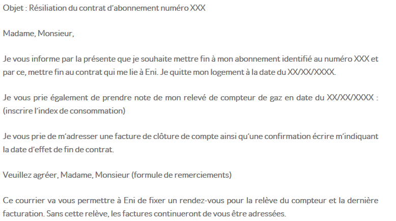 Lettre de résiliation Eni